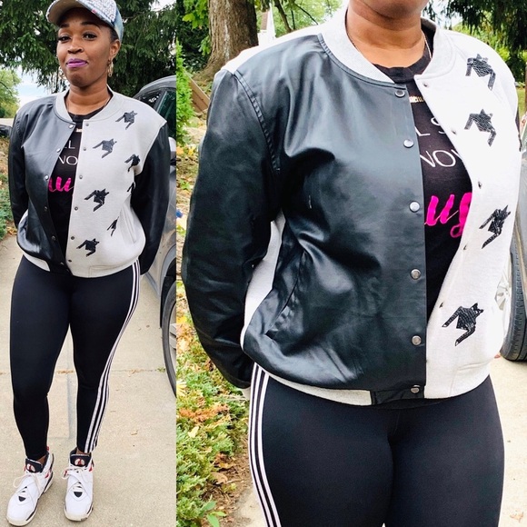 Black/Grey Colorblock Vegan Varsity Faux Leather Jacket Sequins Details - Picture 2 of 8